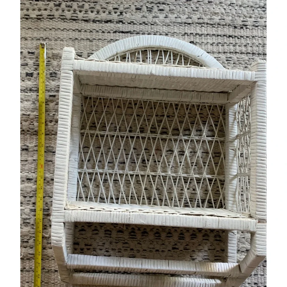 Vintage White Wicker Wall Shelf Arched Rattan 2 Tier Towel Bar Boho Cottagecore